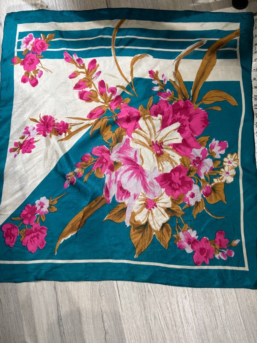 Silk Floral Teal & Pink Neck Scarf - Picture 9 of 10